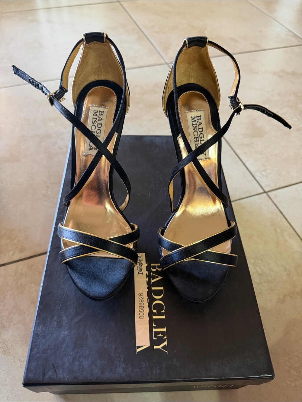 Badgley Mischka Black Satin Crisscross Ankle-Strap Heels with Gold Footbed